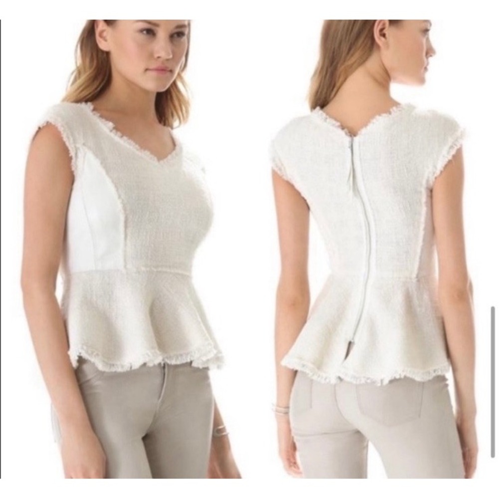 Rebecca Taylor Blouse 4 Tweed Leather‎ Peplum Coquette Old Money Luxury $350 - Picture 4 of 16